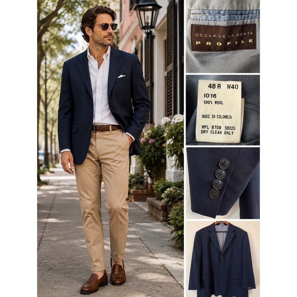 Vtg Oscar de la‎ Renta Profile 48R Navy Blue Wool Blazer Sport Coat Classic